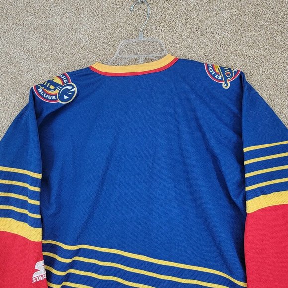 VINTAGE ST LOUIS BLUES NHL STARTER Large/XL Long Sleeve Patches Jersey V-Neck - Picture 7 of 11